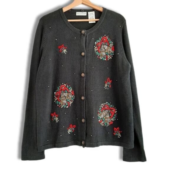 WHITE STAG Vintage Embroidery & Bead Work Christmas Bells Cardigan Sweater Sz XL - Picture 8 of 16